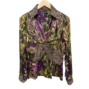 Lynn Ritchie 100% Silk Blouse Women 6 Purple Silk Floral Twist Front Long Sleeve